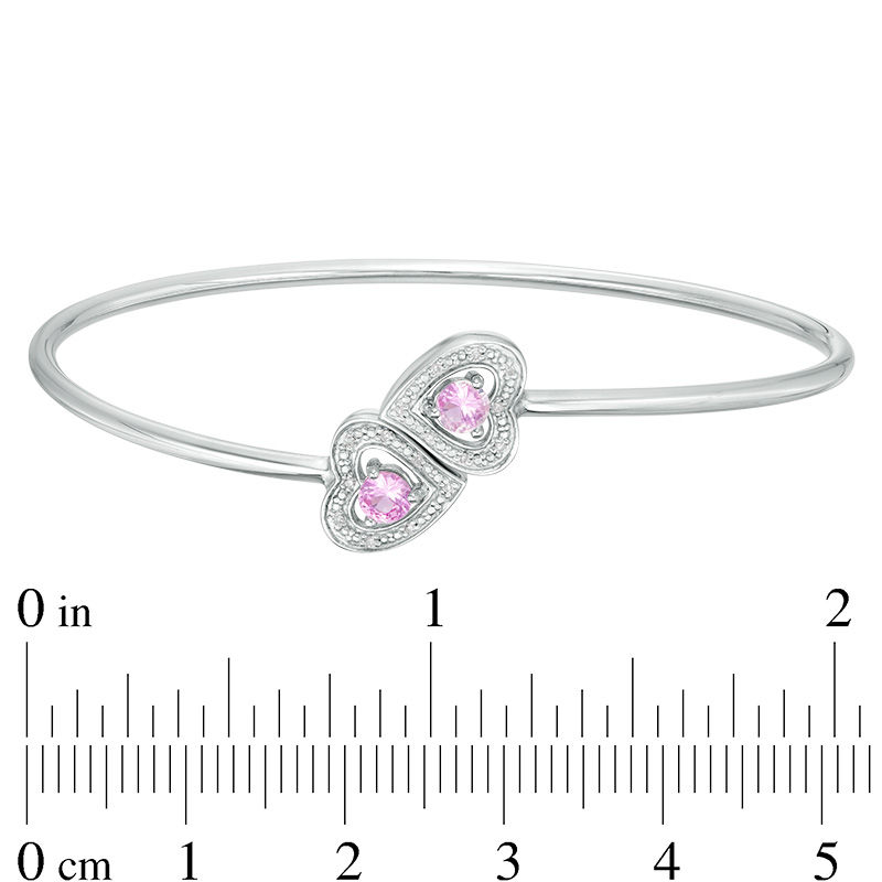 Main Image 2 of 4.0mm Lab-Created Pink Sapphire and Diamond Accent Heart Frame Flex Bangle in Sterling Silver