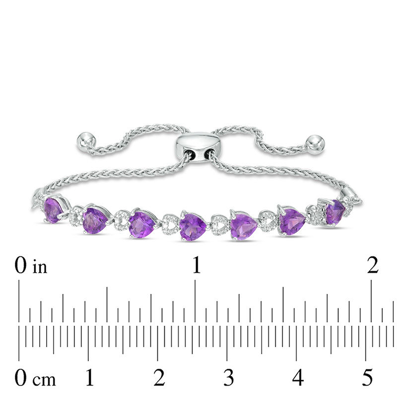 5.0mm Sideways Heart-Shaped Amethyst and Diamond Accent Bolo Bracelet in Sterling Silver - 9.5"
