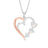 Thumbnail Image 1 of Lab-Created Opal and White Sapphire Three Stone Heart Pendant in Sterling Silver and 14K Rose Gold Plate