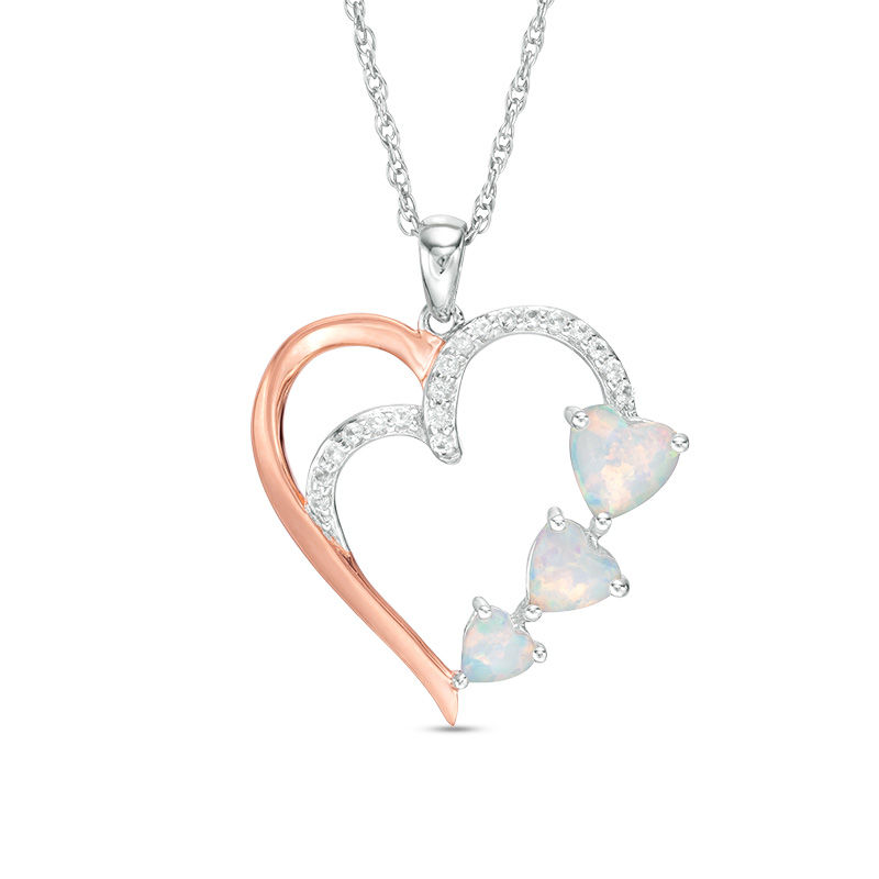 Main Image 1 of Lab-Created Opal and White Sapphire Three Stone Heart Pendant in Sterling Silver and 14K Rose Gold Plate