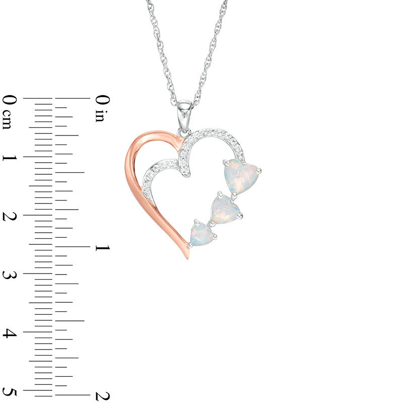 Main Image 2 of Lab-Created Opal and White Sapphire Three Stone Heart Pendant in Sterling Silver and 14K Rose Gold Plate