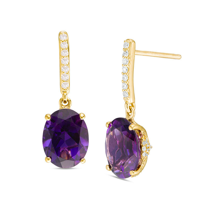 Main Image 1 of Oval Amethyst and 1/5 CT. T.W. Diamond Drop Earrings in 10K Gold