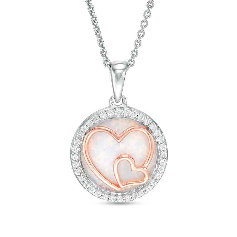 Main Image 1 of Lab-Created Opal and White Sapphire Double Heart Overlay Circle Pendant in Sterling Silver and 14K Rose Gold Plate