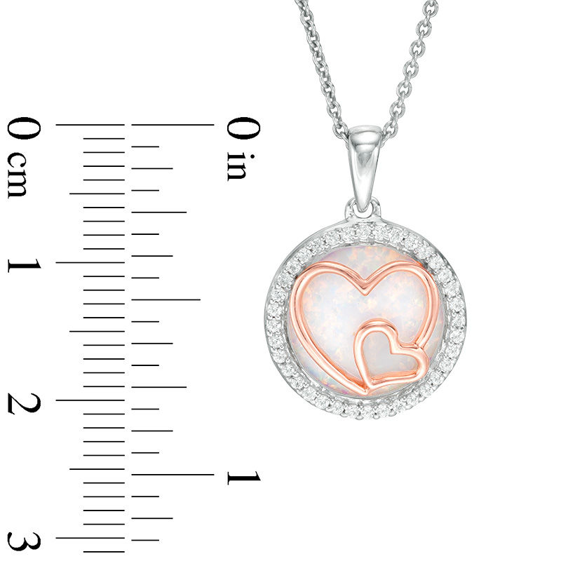 Main Image 2 of Lab-Created Opal and White Sapphire Double Heart Overlay Circle Pendant in Sterling Silver and 14K Rose Gold Plate