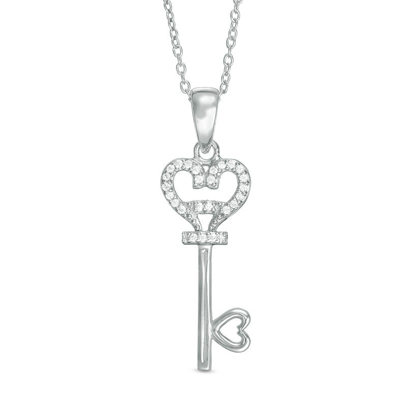 Main Image 1 of Lab-Created White Sapphire Heart-Top Key Pendant in Sterling Silver