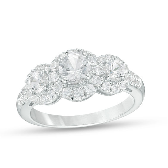 Lab-Created White Sapphire Frame Three Stone Ring in Sterling Silver
