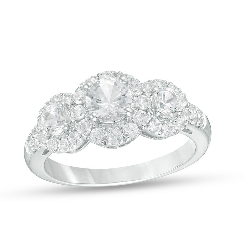 Lab-Created White Sapphire Frame Three Stone Ring in Sterling Silver