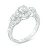 Thumbnail Image 1 of Lab-Created White Sapphire Frame Three Stone Ring in Sterling Silver