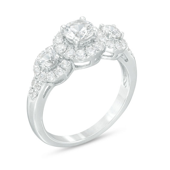 Lab-Created White Sapphire Frame Three Stone Ring in Sterling Silver