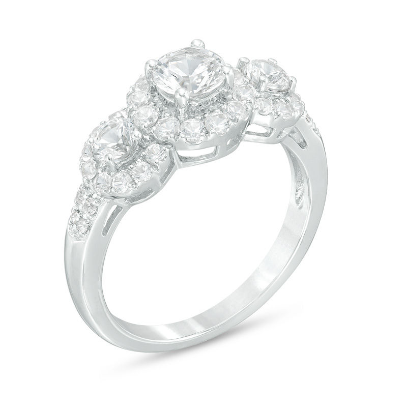 Lab-Created White Sapphire Frame Three Stone Ring in Sterling Silver