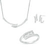 Thumbnail Image 1 of Lab-Created White Sapphire Three Stone Bypass Necklace, J-Hoop Earrings and Ring Set in Sterling Silver - Size 7