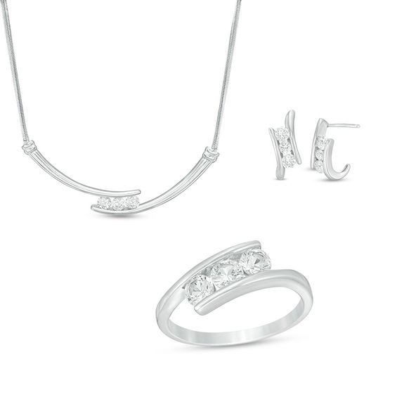 Lab-Created White Sapphire Three Stone Bypass Necklace, J-Hoop Earrings and Ring Set in Sterling Silver - Size 7