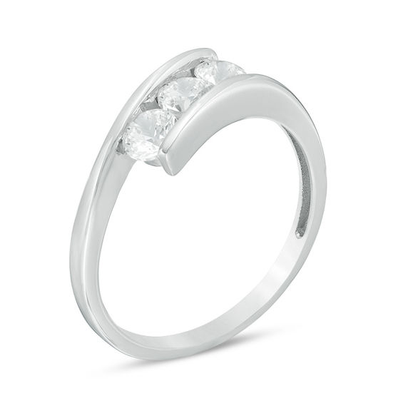 Lab-Created White Sapphire Three Stone Bypass Necklace, J-Hoop Earrings and Ring Set in Sterling Silver - Size 7