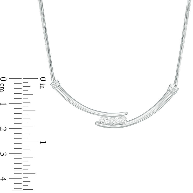 Main Image 4 of Lab-Created White Sapphire Three Stone Bypass Necklace, J-Hoop Earrings and Ring Set in Sterling Silver - Size 7