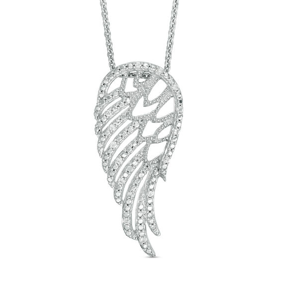 Lab-Created White Sapphire and Beaded Angel Wing Pendant in Sterling Silver