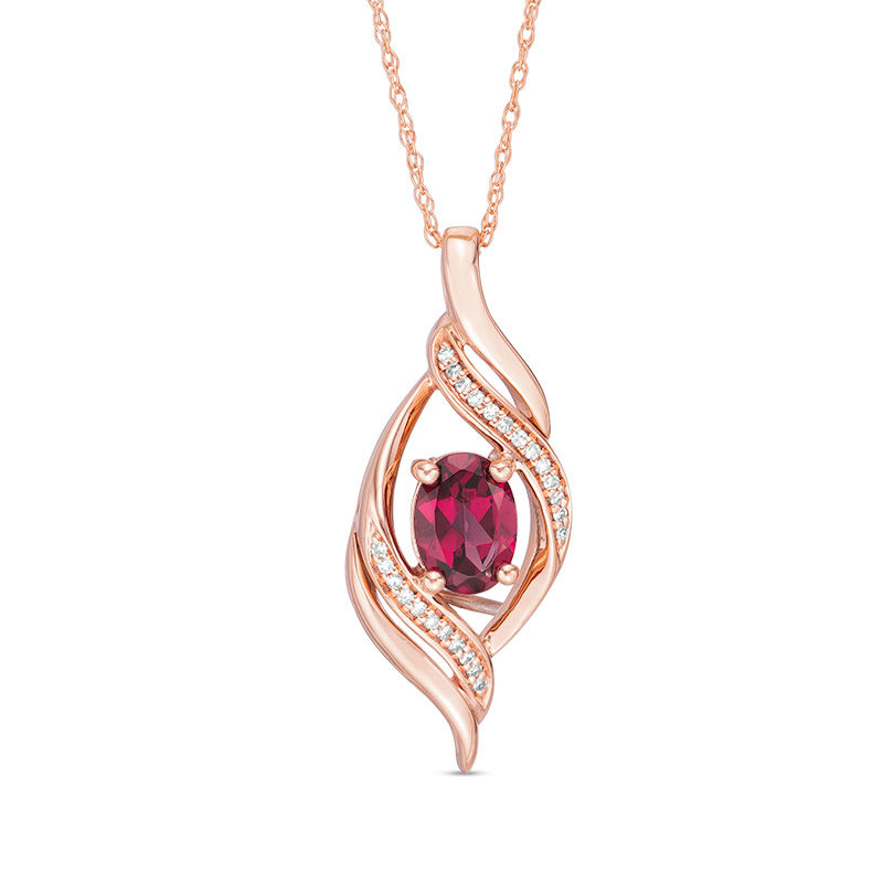 Oval Rhodolite Garnet and 1/20 CT. T.W. Diamond Open Flame Pendant in 10K Rose Gold