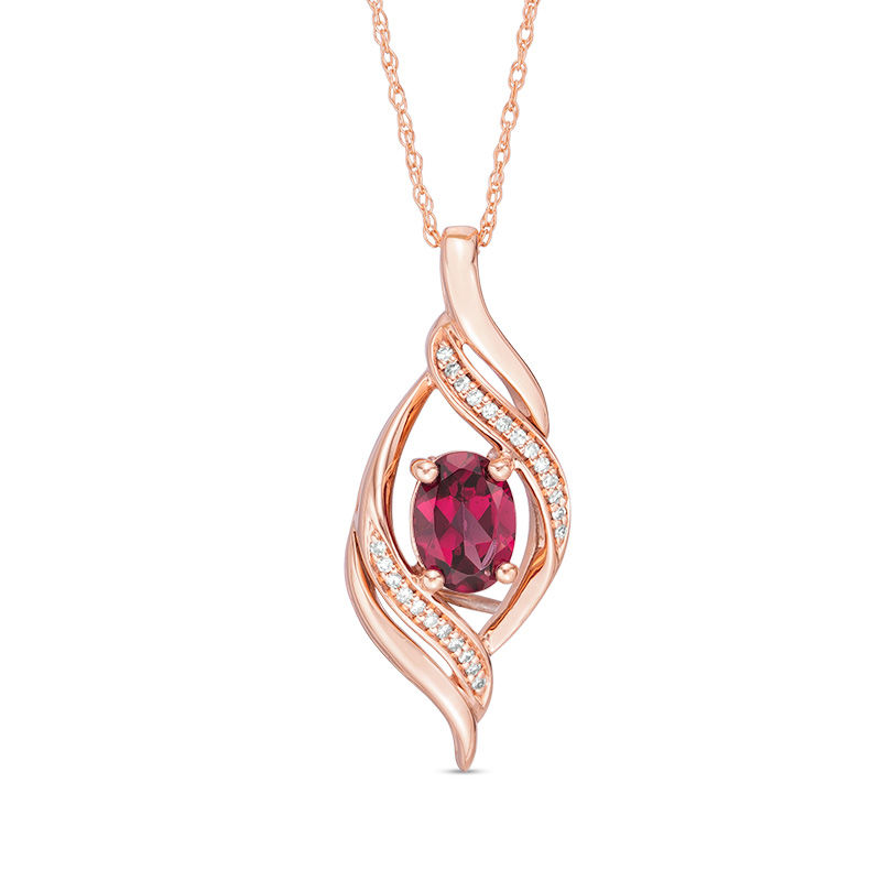 Main Image 1 of Oval Rhodolite Garnet and 1/20 CT. T.W. Diamond Open Flame Pendant in 10K Rose Gold