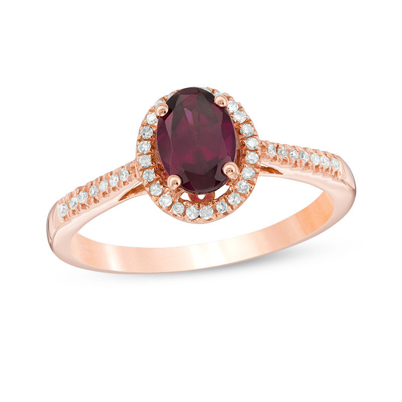 Main Image 1 of Oval Rhodolite Garnet and 1/10 CT. T.W. Diamond Frame Ring in 10K Rose Gold