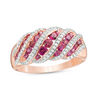 Thumbnail Image 1 of Rhodolite Garnet and Lab-Created White Sapphire Multi-Row Rolling Wave Ring in 10K Rose Gold