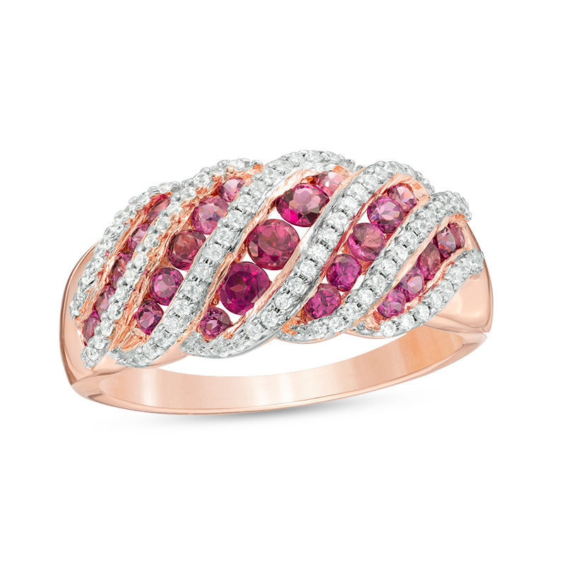 Main Image 1 of Rhodolite Garnet and Lab-Created White Sapphire Multi-Row Rolling Wave Ring in 10K Rose Gold