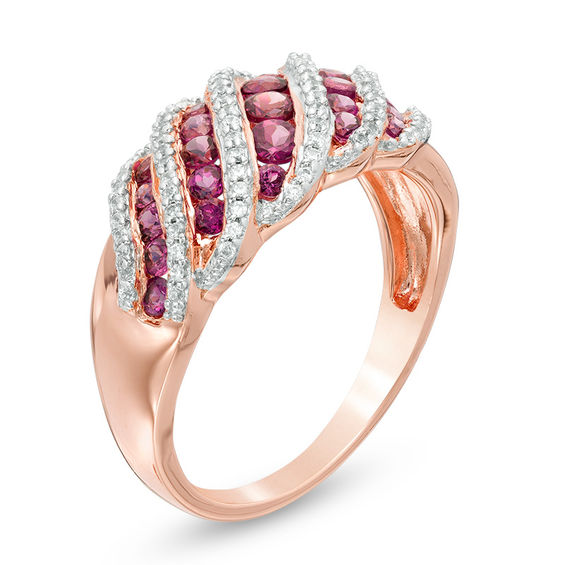 Rhodolite Garnet and Lab-Created White Sapphire Multi-Row Rolling Wave Ring in 10K Rose Gold