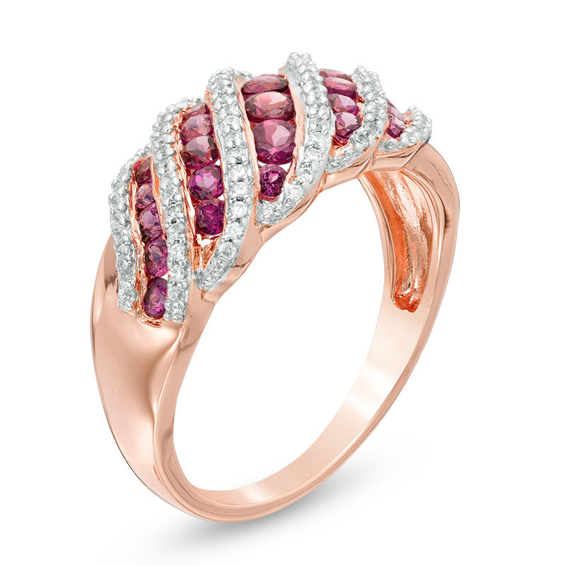 Main Image 2 of Rhodolite Garnet and Lab-Created White Sapphire Multi-Row Rolling Wave Ring in 10K Rose Gold