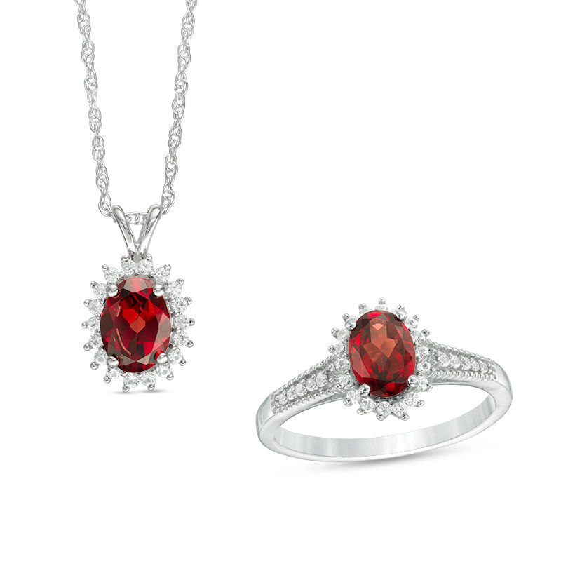 Main Image 1 of Oval Garnet and Lab-Created White Sapphire Starburst Frame Pendant and Ring Set in Sterling Silver - Size 7