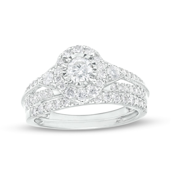 1 CT. T.w. Diamond Frame Tri-Sides Split Shank Bridal Set in 14K White Gold