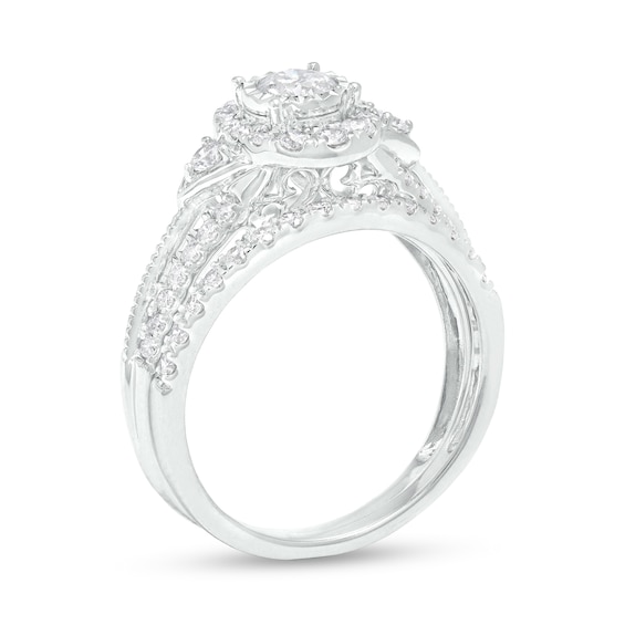 1 CT. T.w. Diamond Frame Tri-Sides Split Shank Bridal Set in 14K White Gold