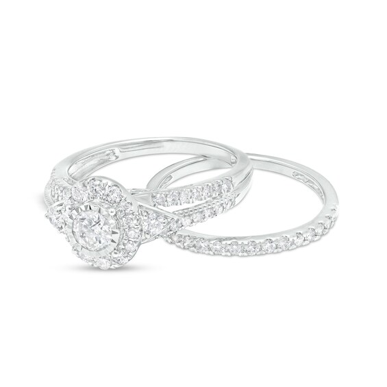 1 CT. T.w. Diamond Frame Tri-Sides Split Shank Bridal Set in 14K White Gold