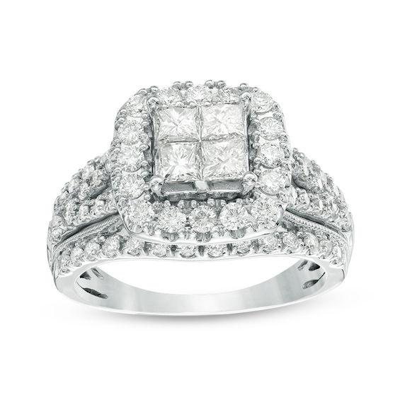 1-1/2 CT. T.w. Quad Princess-Cut Diamond Frame Multi-Row Split Shank Vintage-Style Engagement Ring in 14K White Gold
