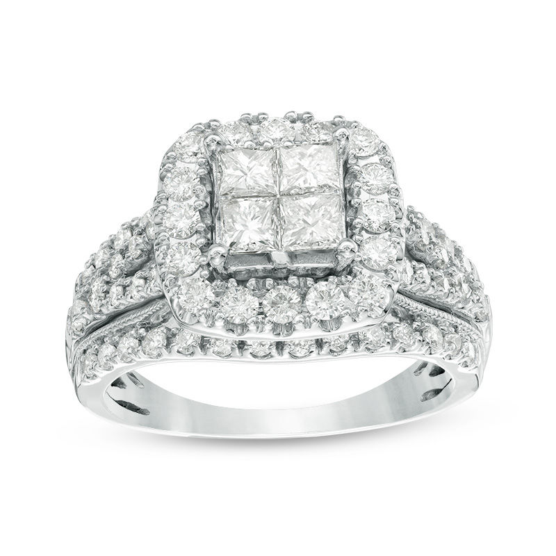 Main Image 1 of 1-1/2 CT. T.W. Quad Princess-Cut Diamond Frame Multi-Row Split Shank Vintage-Style Engagement Ring in 14K White Gold