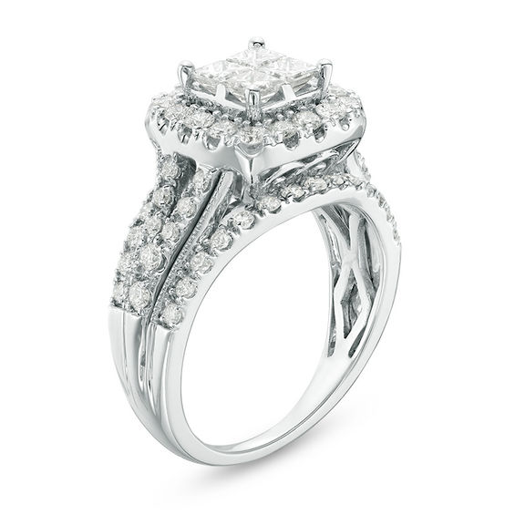 1-1/2 CT. T.w. Quad Princess-Cut Diamond Frame Multi-Row Split Shank Vintage-Style Engagement Ring in 14K White Gold