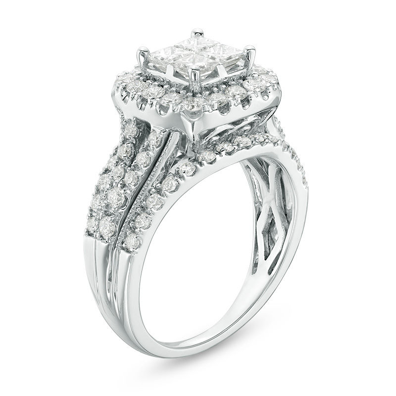 1-1/2 CT. T.W. Quad Princess-Cut Diamond Frame Multi-Row Split Shank Vintage-Style Engagement Ring in 14K White Gold