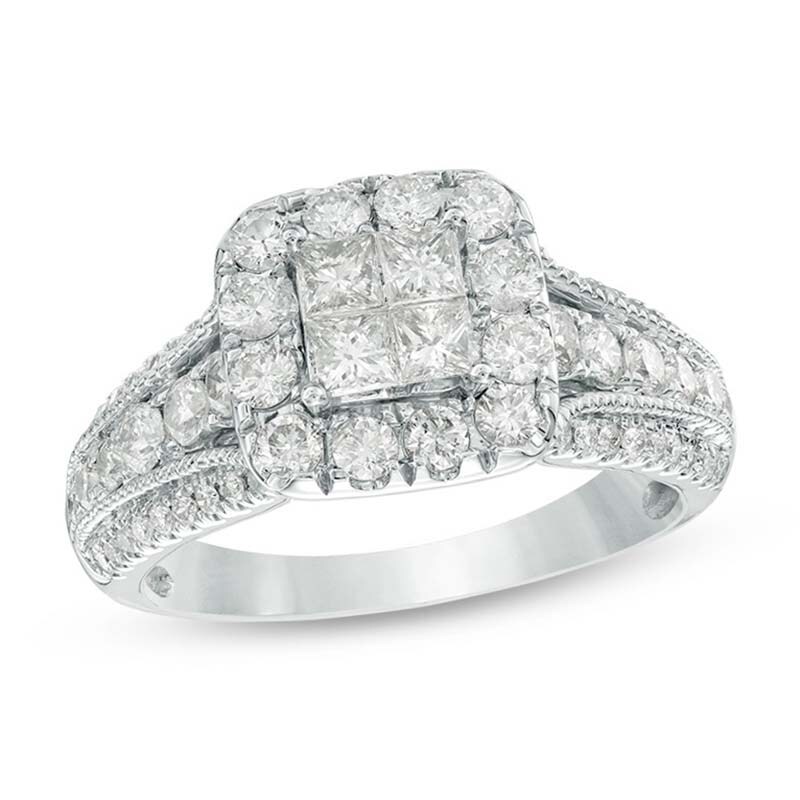 Main Image 1 of 1-1/3 CT. T.W. Quad Princess-Cut Diamond Frame Multi-Row Shank Vintage-Style Engagement Ring in 14K White Gold