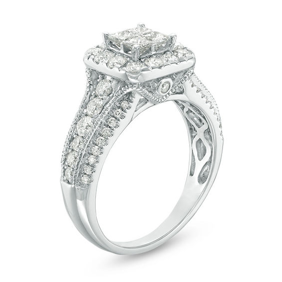 1-1/3 CT. T.w. Quad Princess-Cut Diamond Frame Multi-Row Shank Vintage-Style Engagement Ring in 14K White Gold