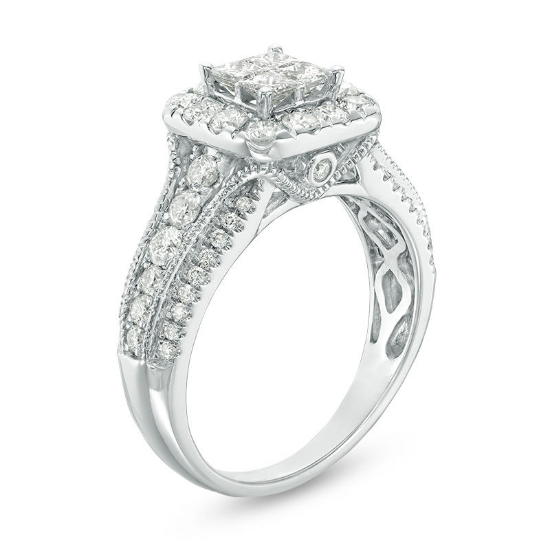 Main Image 2 of 1-1/3 CT. T.W. Quad Princess-Cut Diamond Frame Multi-Row Shank Vintage-Style Engagement Ring in 14K White Gold