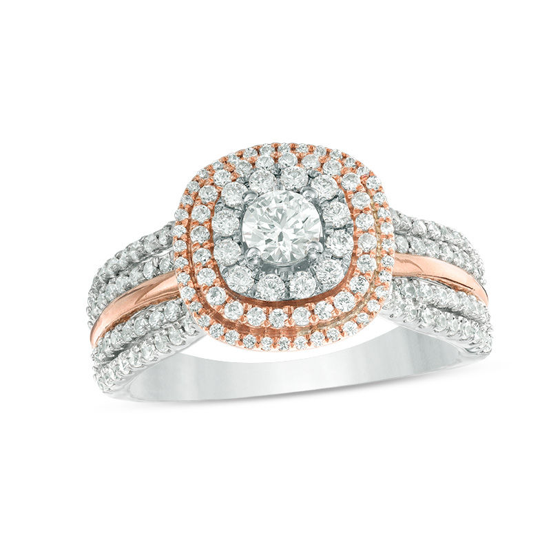Main Image 1 of 1 CT. T.W. Diamond Triple Cushion Frame Multi-Row Engagement Ring in 14K Two-Tone Gold