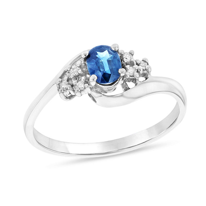 Main Image 1 of Oval Blue Sapphire and Diamond Accent Tri-Sides Bypass Ring in 14K White Gold