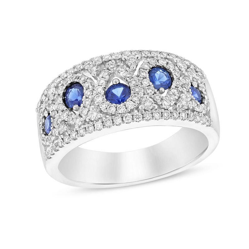 Blue Sapphire and 5/8 CT. T.W. Diamond Alternating Pear-Shaped Band in 14K White Gold