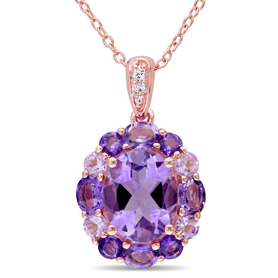 Oval Amethyst, Rose de France and White Topaz Frame Pendant in Sterling Silver with Rose Rhodium Oval Amethyst, Rose de France and White Topaz Frame Pendant in Sterling Silver with Rose Rhodium