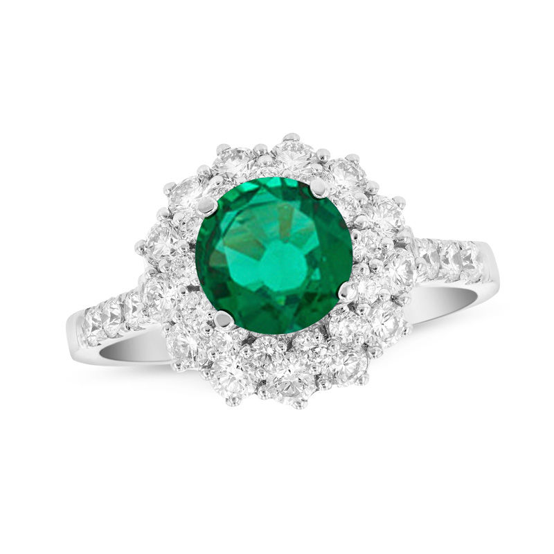 6.0mm Emerald and 7/8 CT. T.W. Diamond Sunburst Frame Ring in 18K White Gold