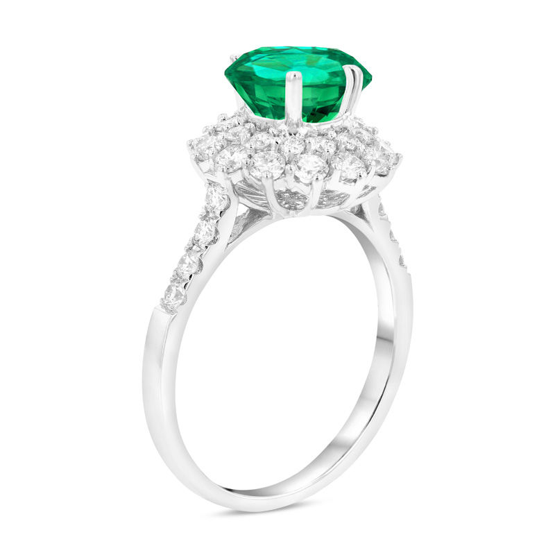 6.0mm Emerald and 7/8 CT. T.W. Diamond Sunburst Frame Ring in 18K White Gold