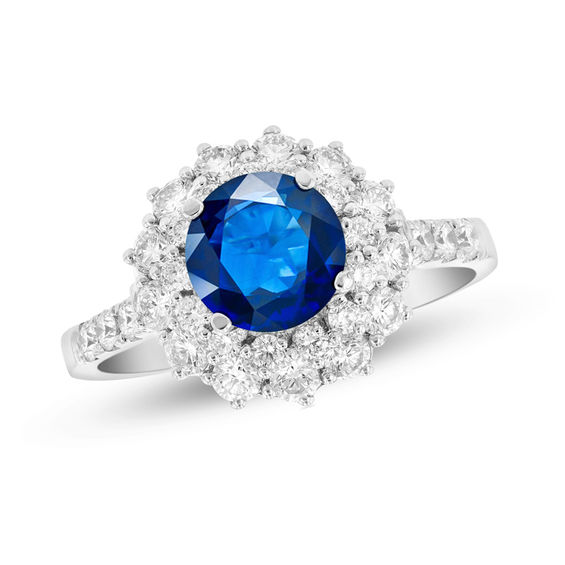 6.0mm Blue Sapphire and 7/8 CT. T.W. Diamond Starburst Frame Ring in ...