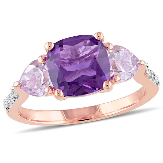 Amethyst And Diamond Accent Three Stone Ring In Sterling Silver With Rose Rhodium