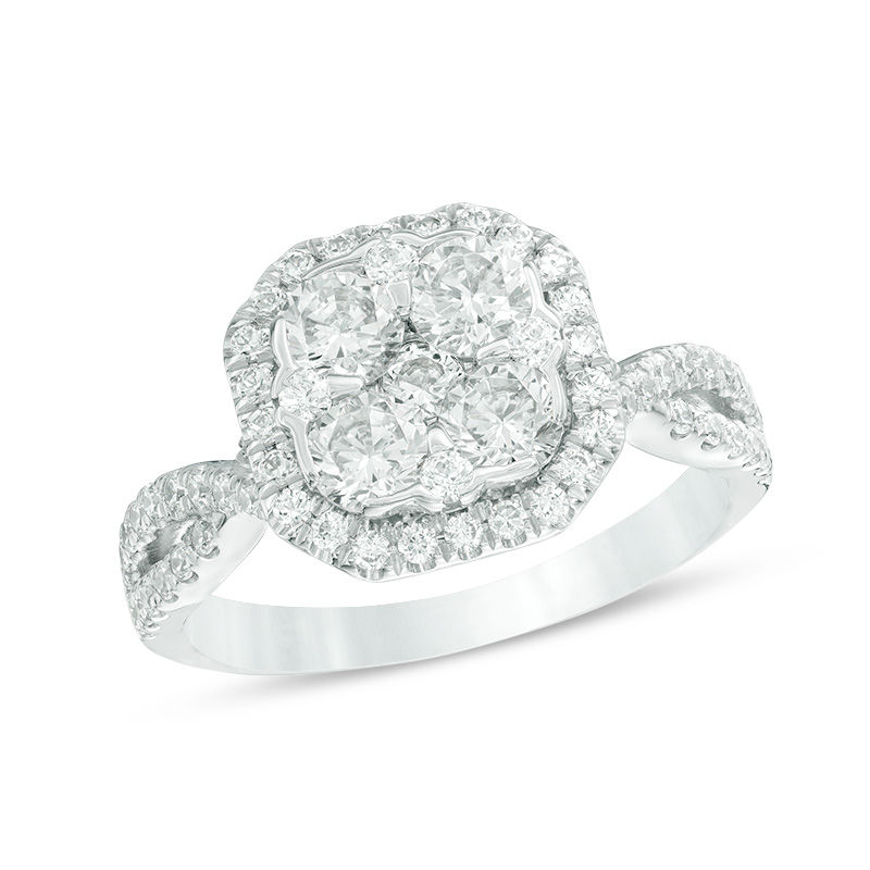 Main Image 1 of 1-1/2 CT. T.W. Composite Diamond Cushion Frame Twist Engagement Ring in 14K White Gold