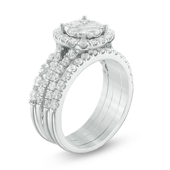 2 CT. T.w. Composite Diamond Cushion Frame Three Piece Bridal Set in 14K White Gold