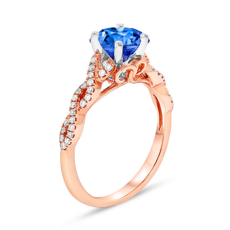5.5mm Blue Sapphire and 1/5 CT. T.W. Diamond Braid Ring in 14K Rose Gold