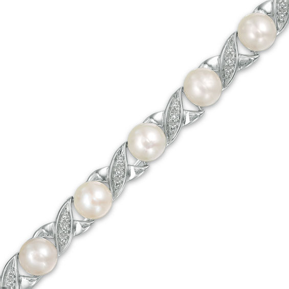 5.0mm Baroque Freshwater Cultured Pearl and Diamond Accent "Xo" Bracelet in Sterling Silver-7.5"