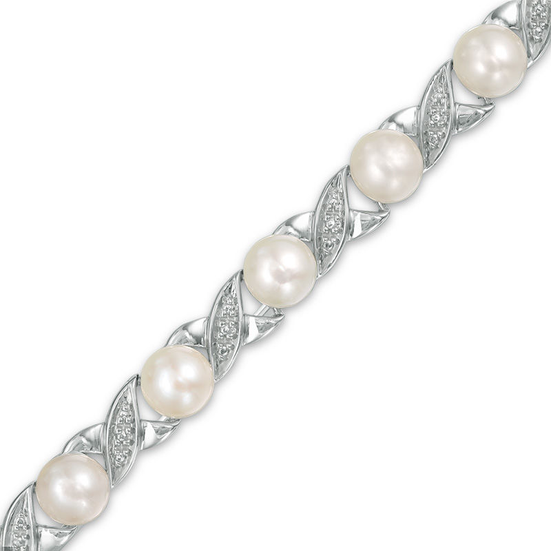 Main Image 1 of 5.0mm Baroque Freshwater Cultured Pearl and Diamond Accent "XO" Bracelet in Sterling Silver-7.5"